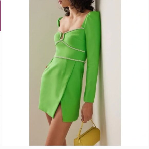 self portrait green satin dress Green Metallic Tie Neck Maxi Dress – self-portrait